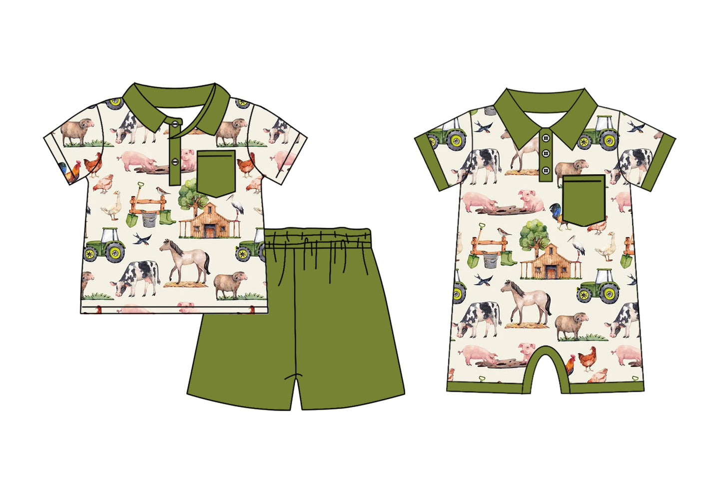 Baby Boy Short Sleeves Sibling Farm Animals Romper Clothes Set ( Moq 5 Each Design )11.25