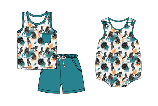 Baby Boy Western Horse Blue Sibling Romper Set ( Moq 5 Each Style ) 2.13
