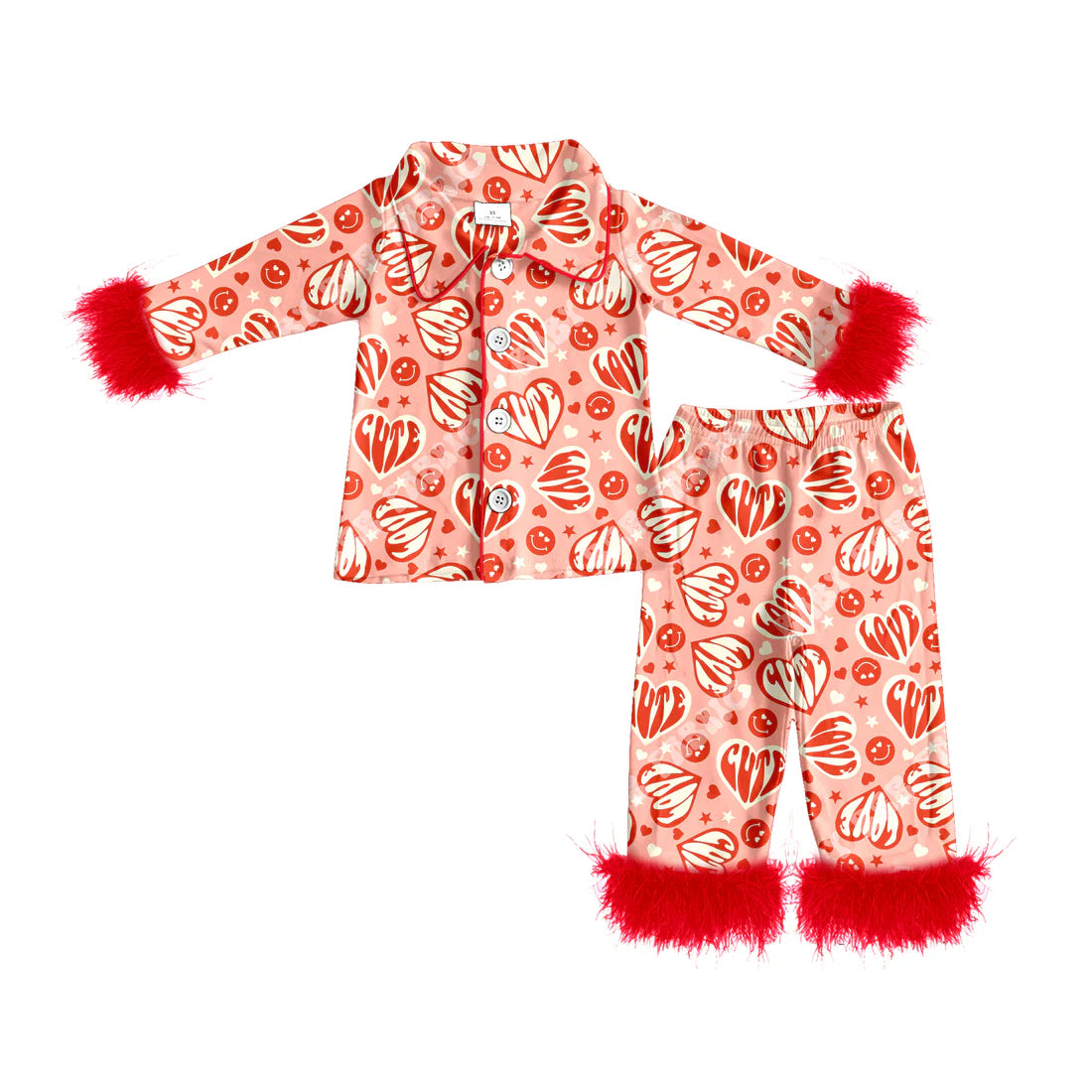 ( Moq 5 ) Baby Girls Fur Long Sleeves Hearts Smile Buttons Shirt Pants Valentines Pajamas Set