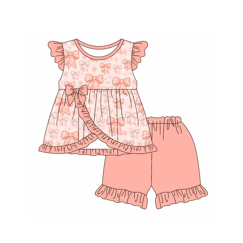 Baby Girl Flutter Sleeves Bows Tunic Ruffle Shorts Set ( Moq 5 )