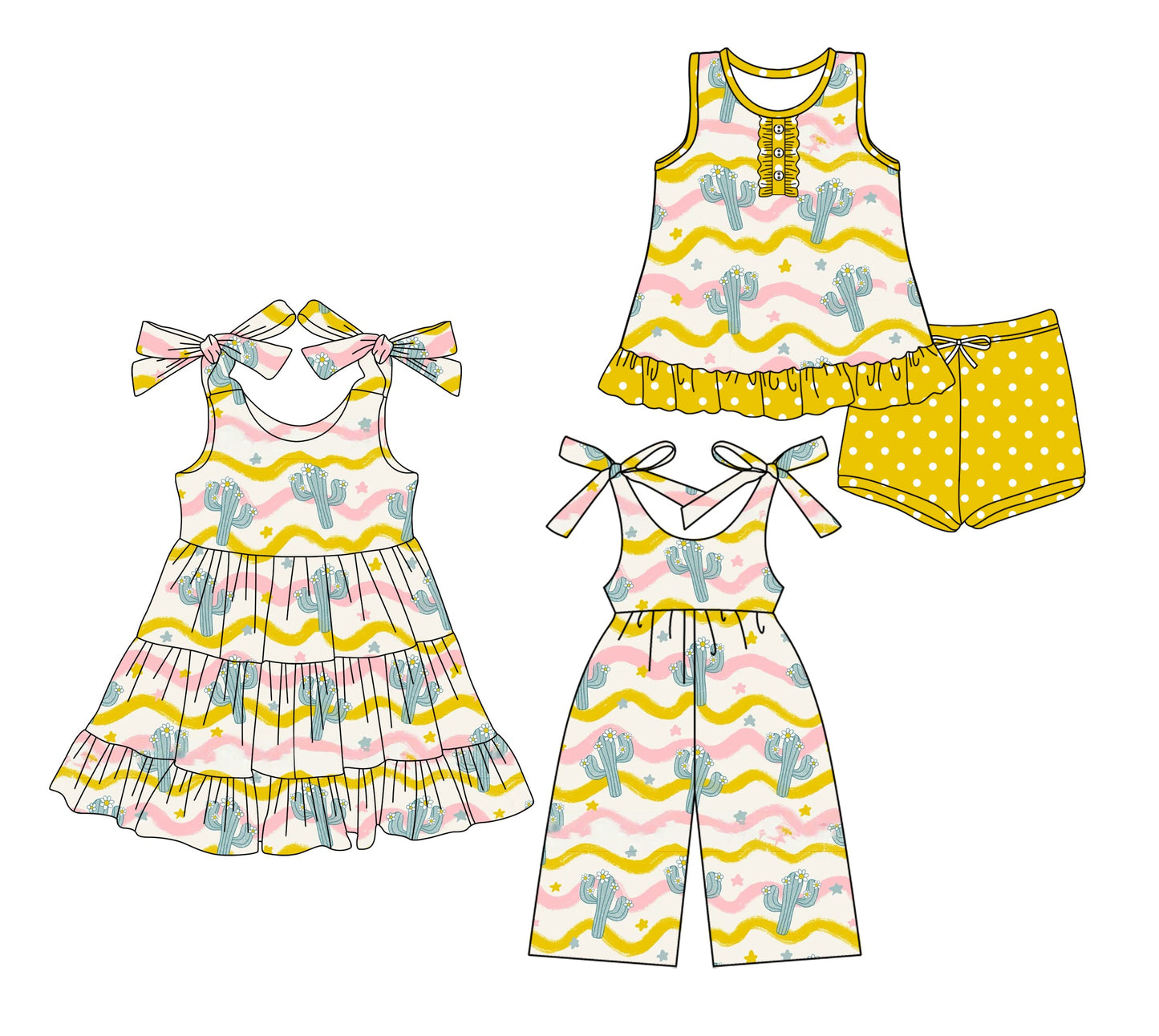 ( Moq 5 Each Style ) Baby Girl Sleeveless Cactus Western Sibling Jumpsuit Dress Set 3.22