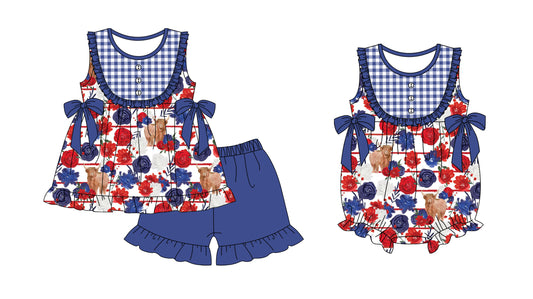 Baby Girl July 4th Cow Flower Sibling Romper Clothes Set ( Moq 5 Each Design )11.23