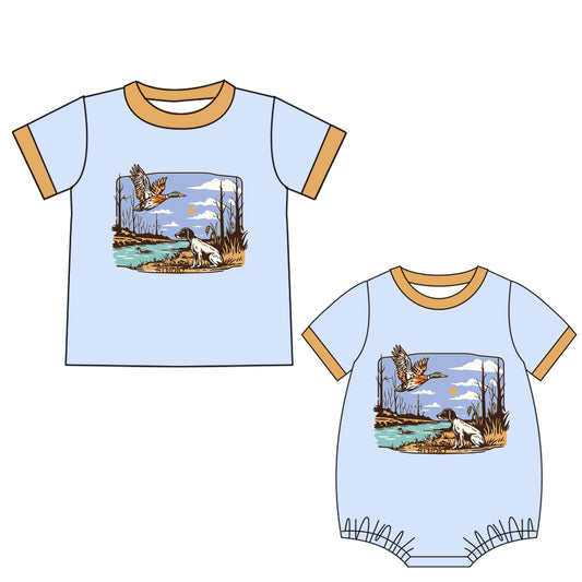 ( Moq 5 Each Style ) Baby Boy Short Sleeves Dog Duck Sibling Hunting Romper Shirt 4.21