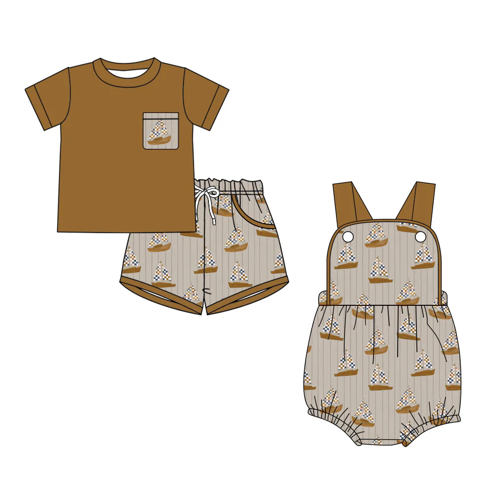 ( Moq 5 Each Style ) Sibling Baby Boy Toddler Boats Shirt Pockets Shorts Brown Set Romper