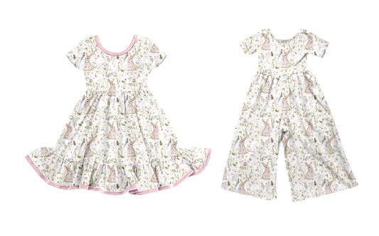 ( Moq 5 Each Style ) Girls Toddler Rabbits Floral Easter Sibling Dress Jumpsuit
