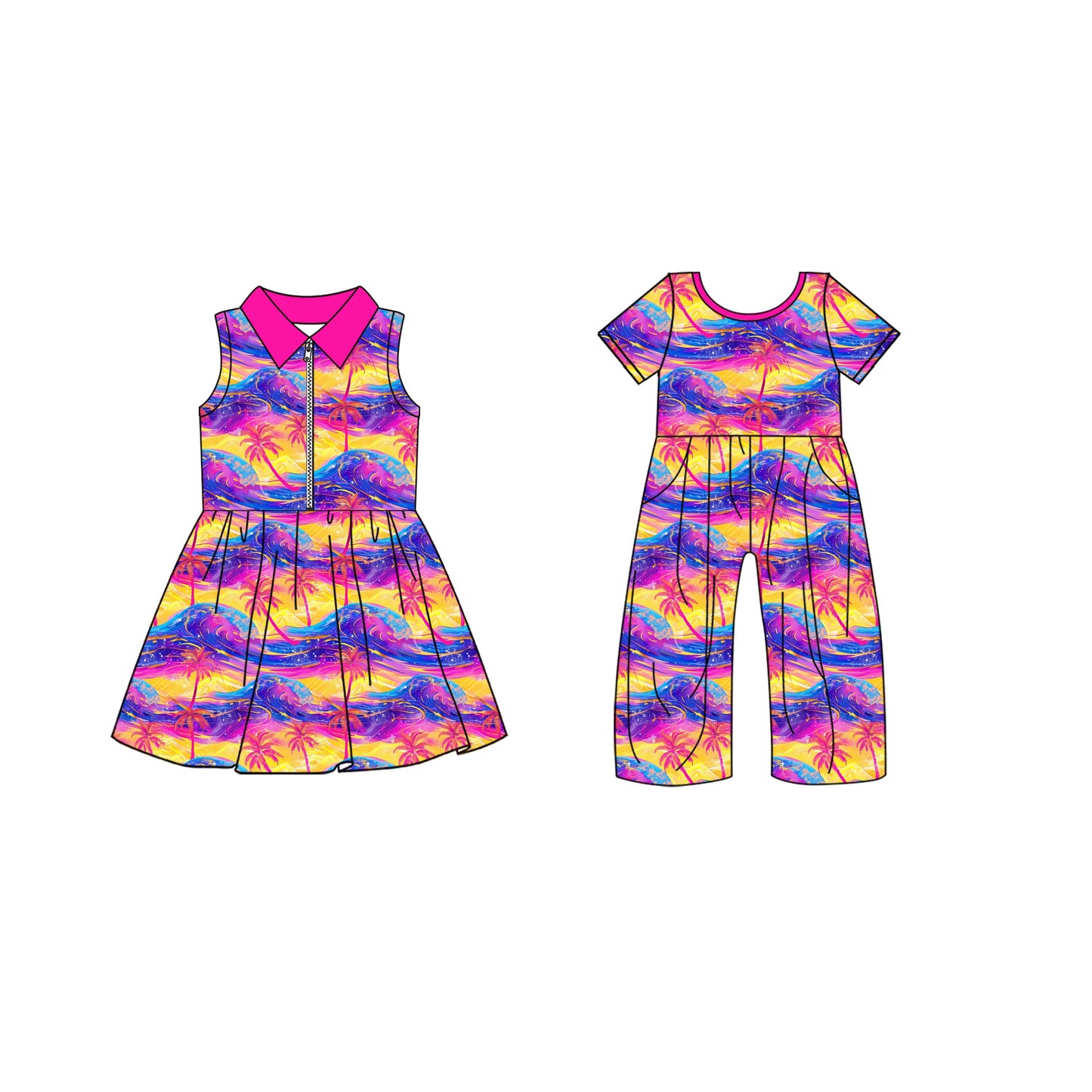 ( Moq 5 Each Style ) Baby Girl Beach Trees Sibling Dress Pockets Jumpsuit 4.25