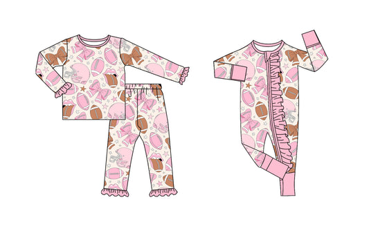 ( Moq 5 Each Style ) Baby Girl Toddler Football Bows Sibling Pink Romper Set