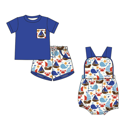 ( Moq 5 Each Style ) Baby Boys Kids Boats Sibling Grey Summer Blue Romper Set