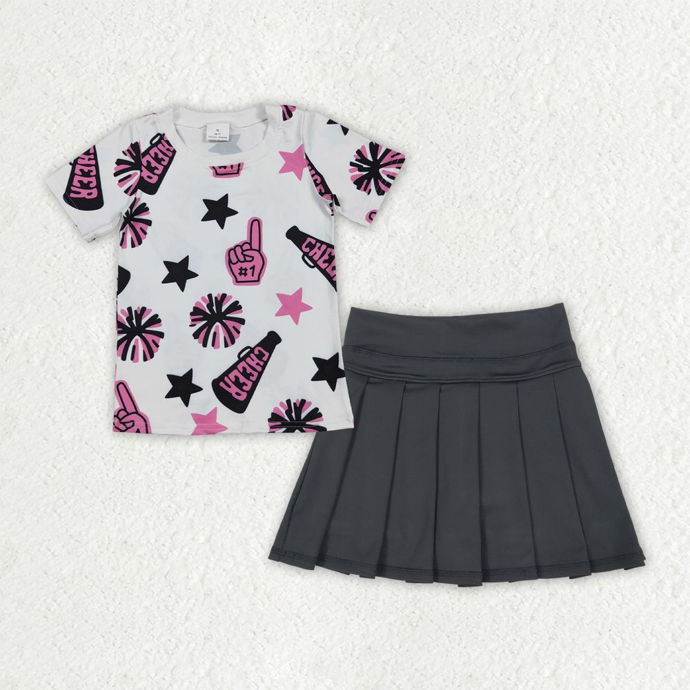 Baby Girl Short Sleeveless Stars Cheer Shirt Pockets Black Yoga Active Shorts Skort Set RTS