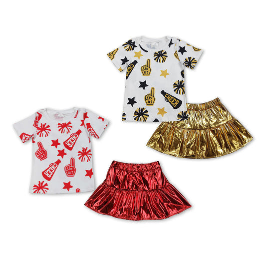 Baby Girl Short Sleeves Cheer Stars Shirt Leather Skirts Sibling Clothes Set RTS