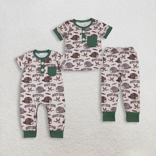 Sibling Baby Boys Short Sleeves Camo Hats Ducks Hunting Southern Buttons Romper Outfit RTS