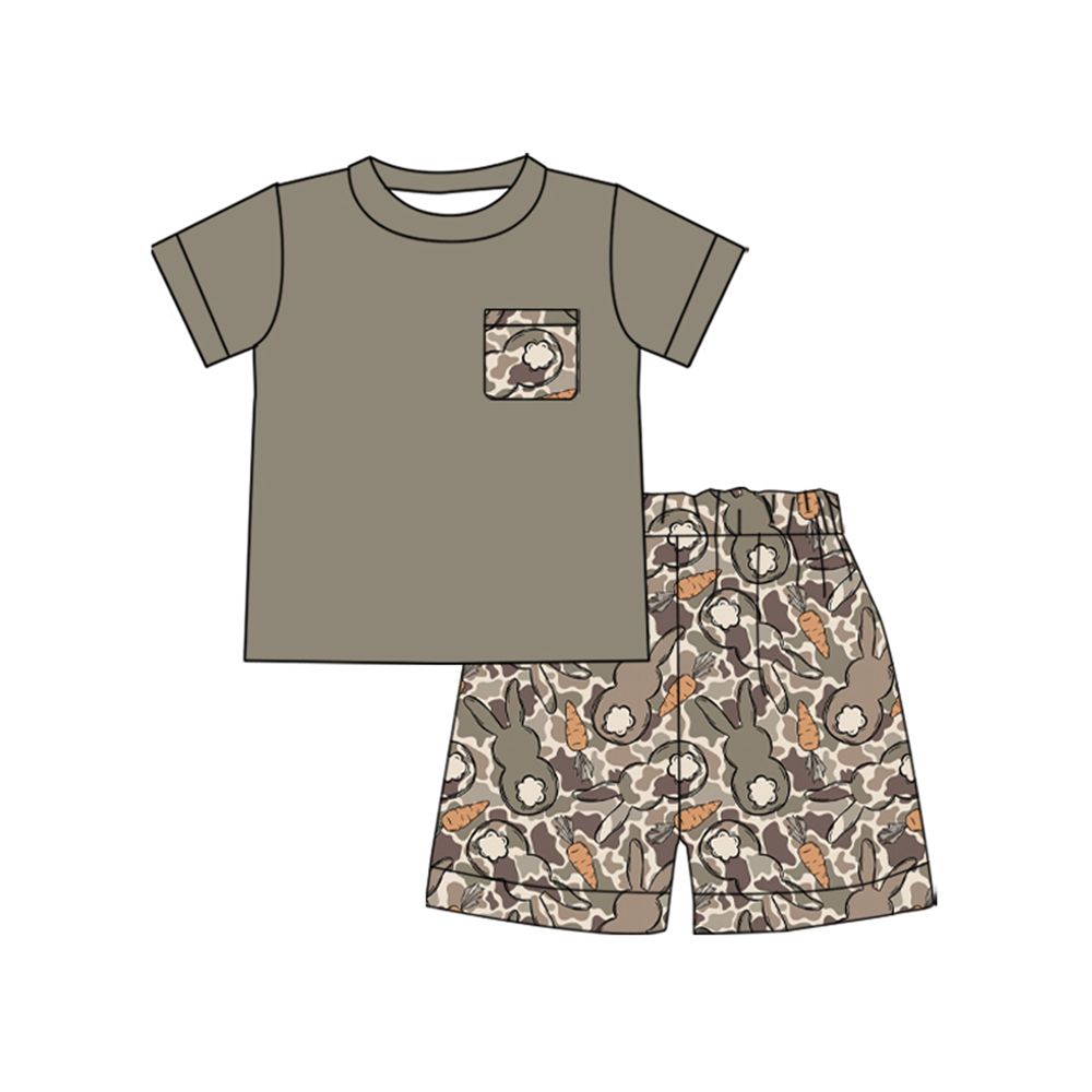 ( Moq 5 ) Preorder Baby Boys Kids Short Sleeves Shirt Rabbits Carrots Camo Shorts Easter Set Clothes