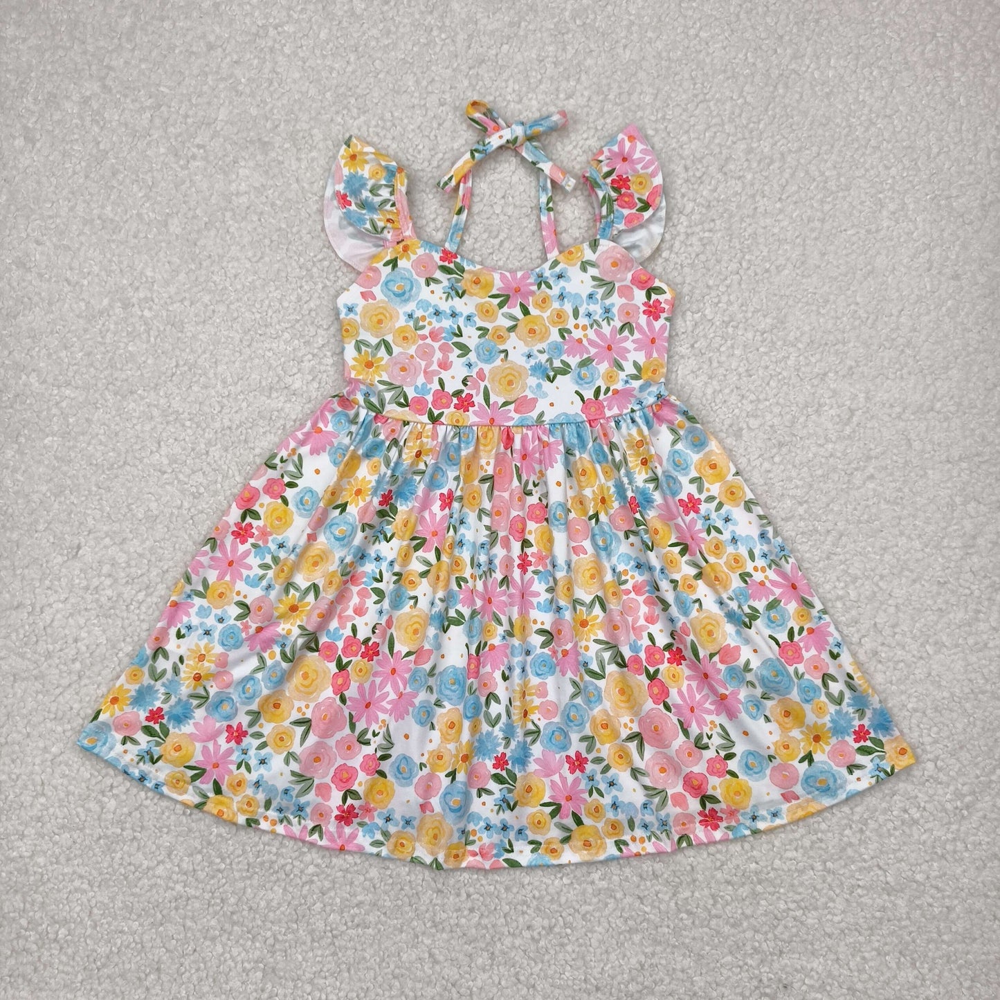 Baby Girl Short Sleeves Flower Bow Knee Length Yellow Dress RTS