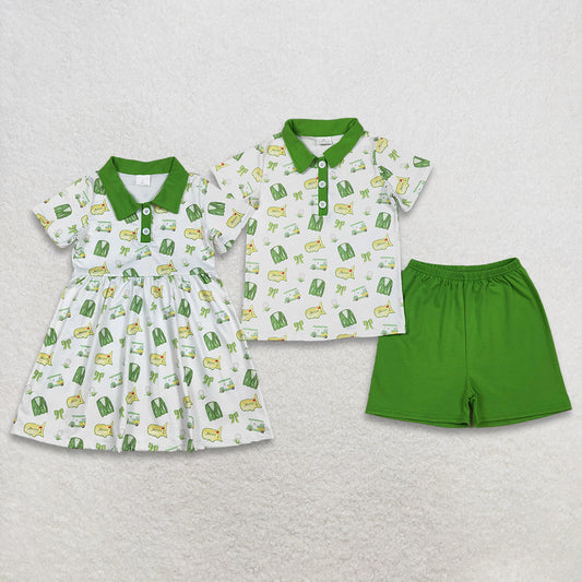 Sibling Baby Boys Girls Short Sleeves Golf Buttons Green Knee Length Dress Set RTS