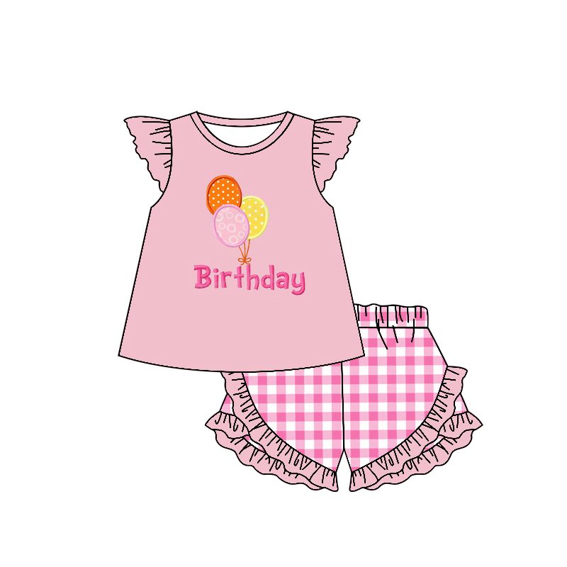 Moq 3 Pre-order GSSO0462 Baby Girl Birthday Balloon Tops Plaid Ruffle Shorts Summer Pink Set