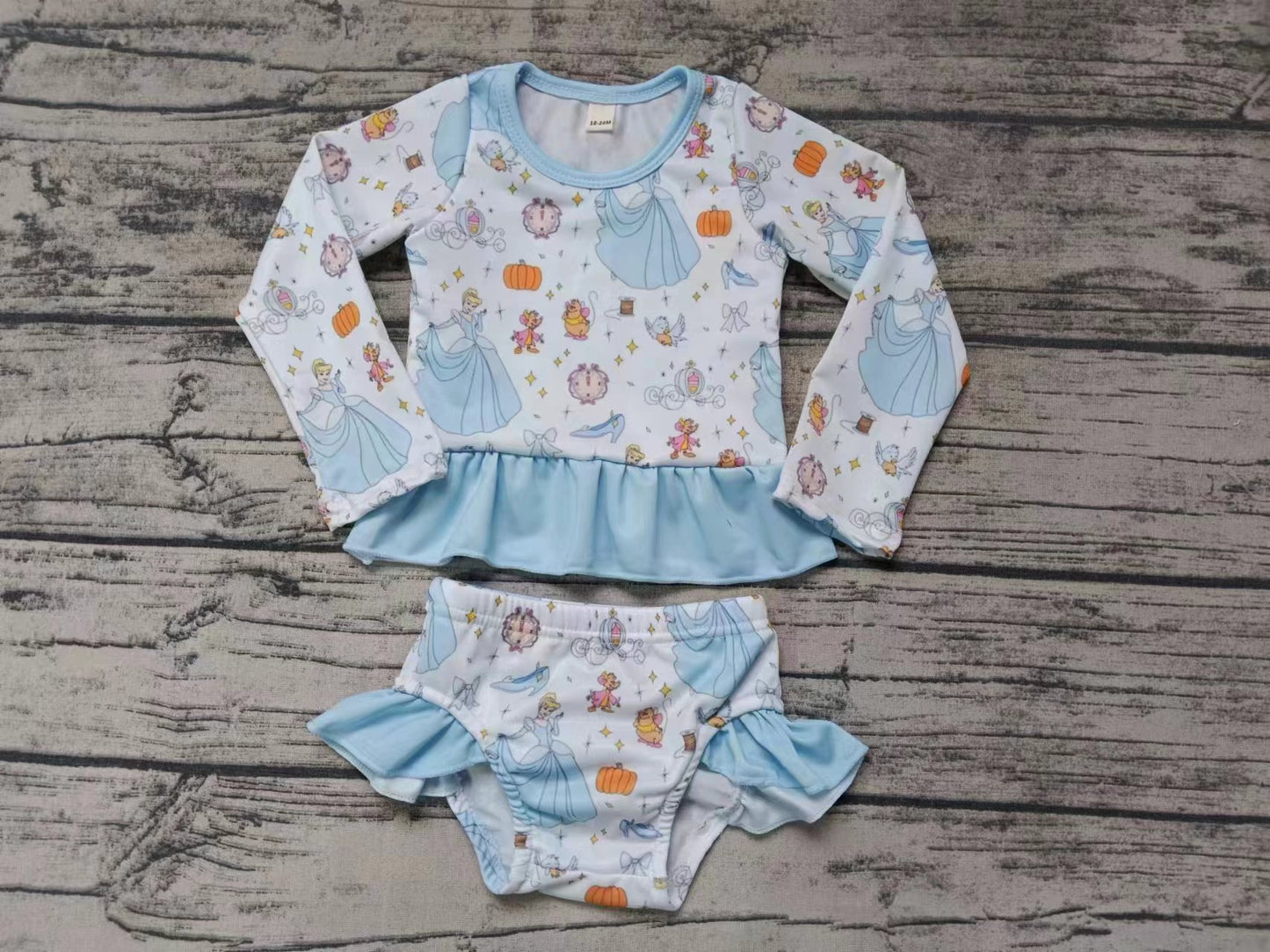 Baby Girl Long Sleeves Bathing Suit Princess Light Blue Tops Shorts Set Swimsuit ( Moq 5 )