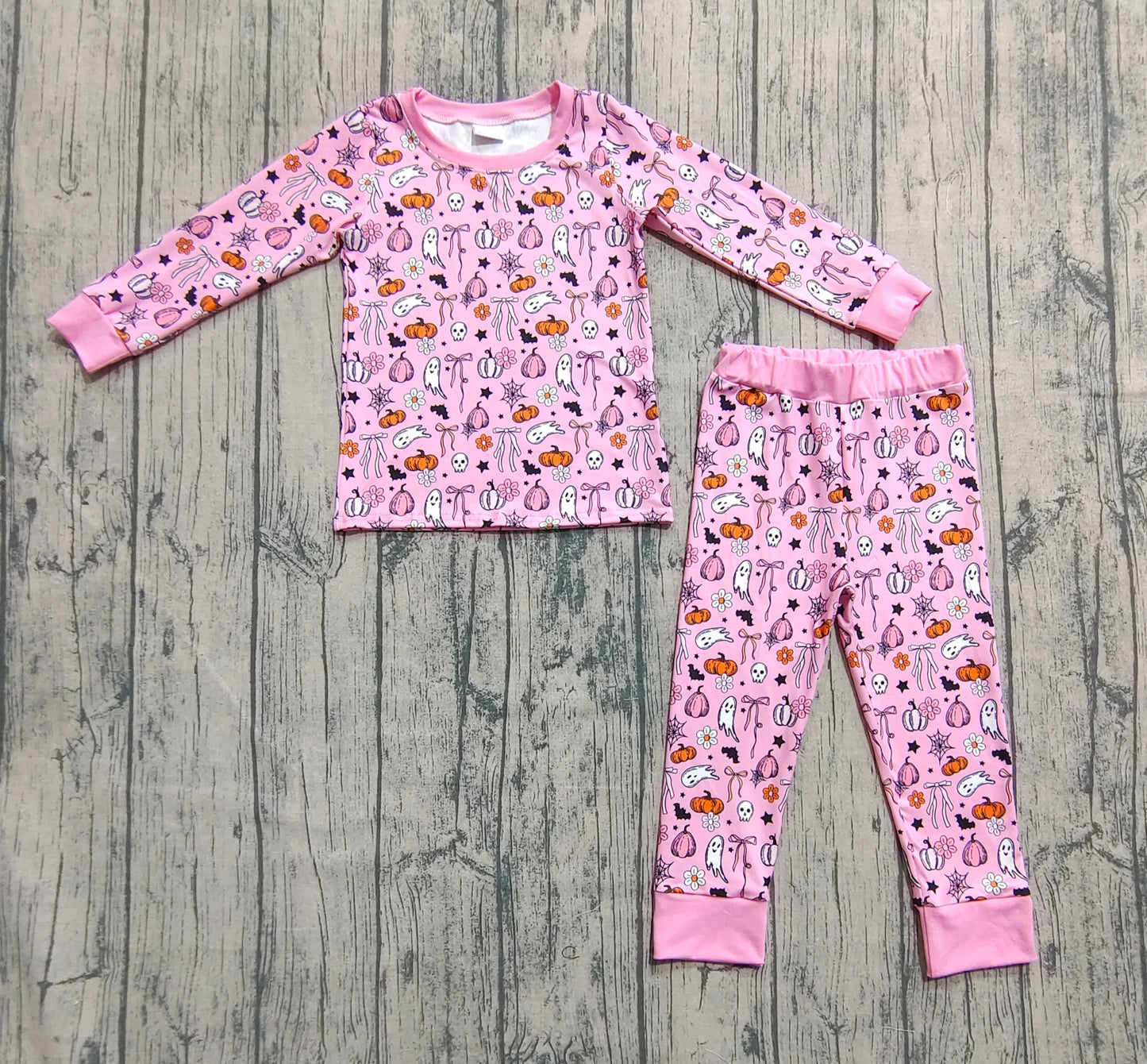Baby Girl Ghost Pumpkins Bows Flower Shirt Pants Halloween Pajamas Pink Set RTS