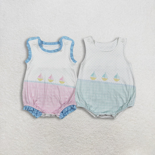 Sibling Baby Boys Girls Infant Sleeveless Boats Plaid Dots Summer Bubble Rompers RTS