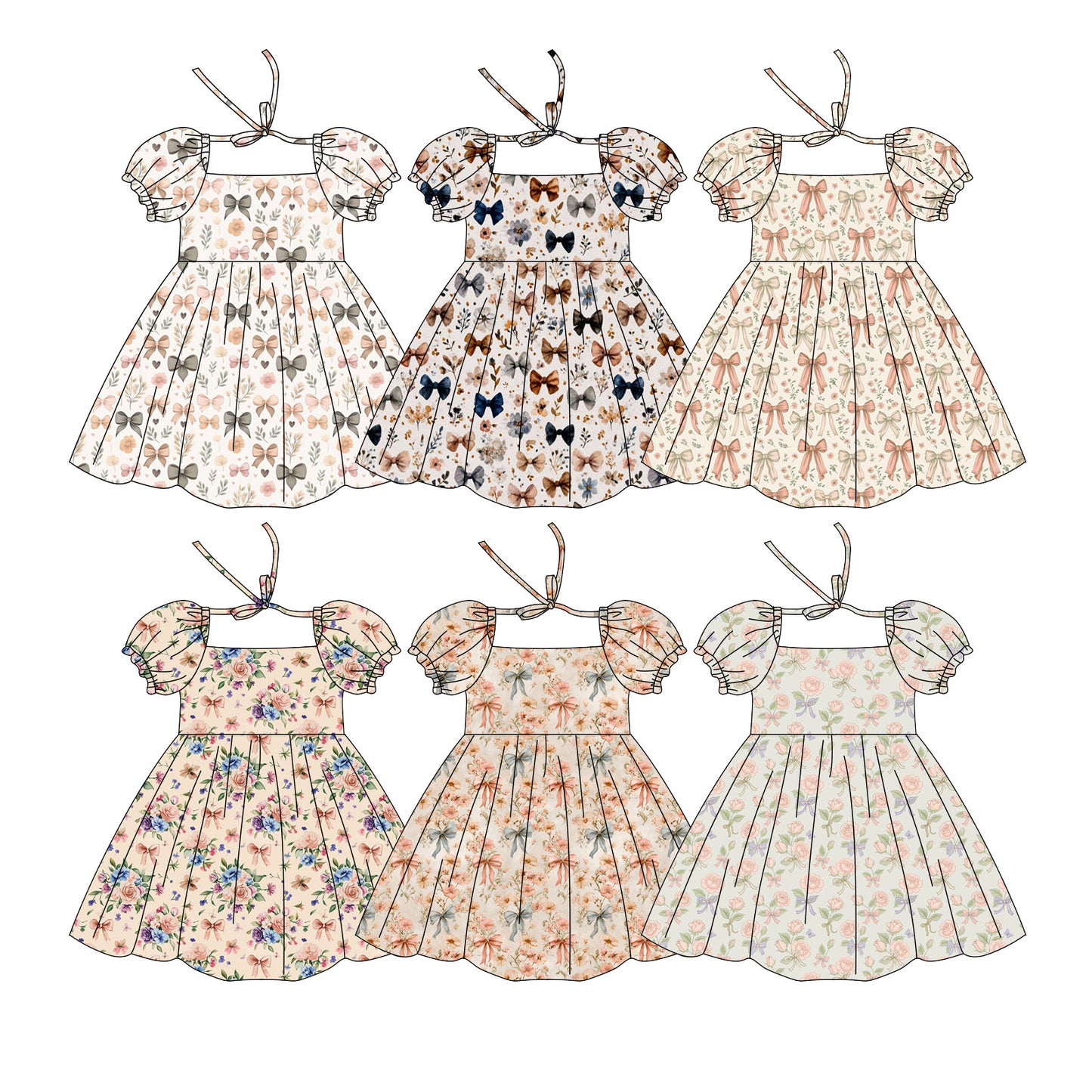 ( Moq 5 Each Style ) Sibling Baby Girls Kids Short Sleeves Bows Flower Knee Length Dresses