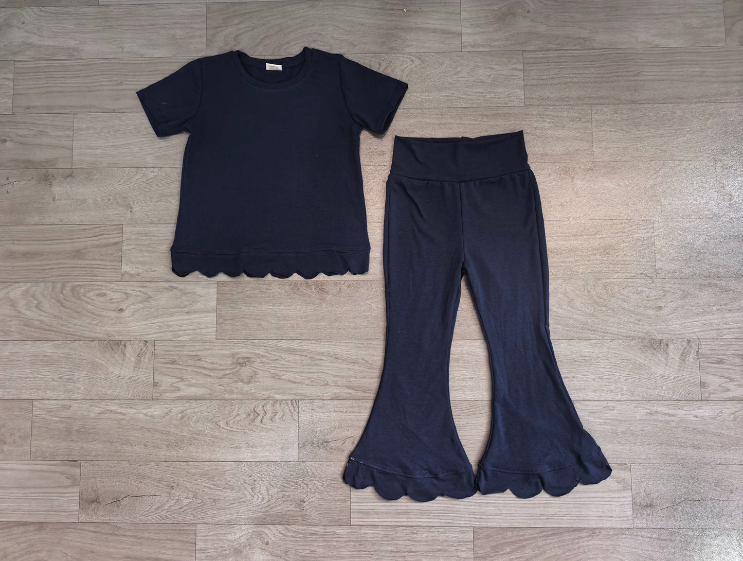 ( No moq ) Preorder Baby Girls Kids Short Sleeves Navy Shirt Pants Scallop Set Clothes
