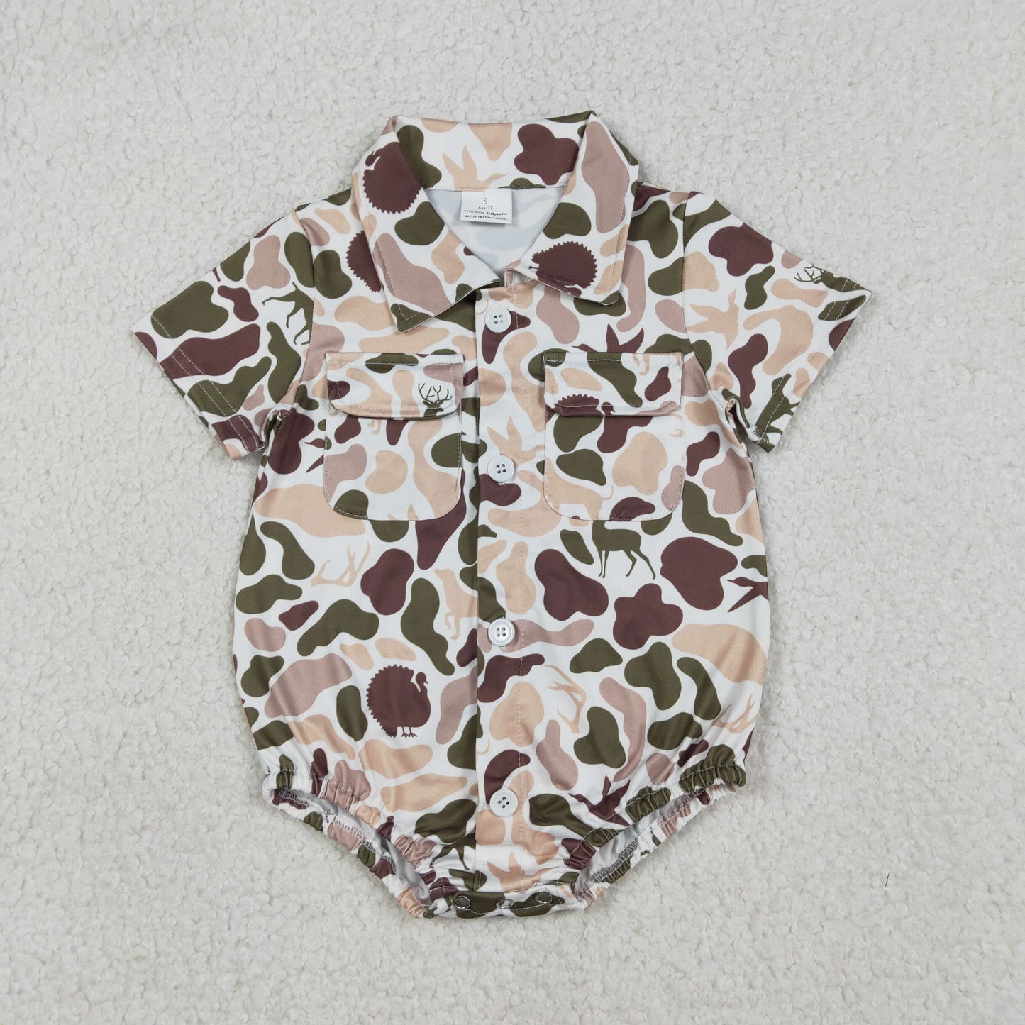 Sibling Baby Boys Infant Short Sleeves Camo Print Pockets Hunting Buttons Bubble Rompers RTS