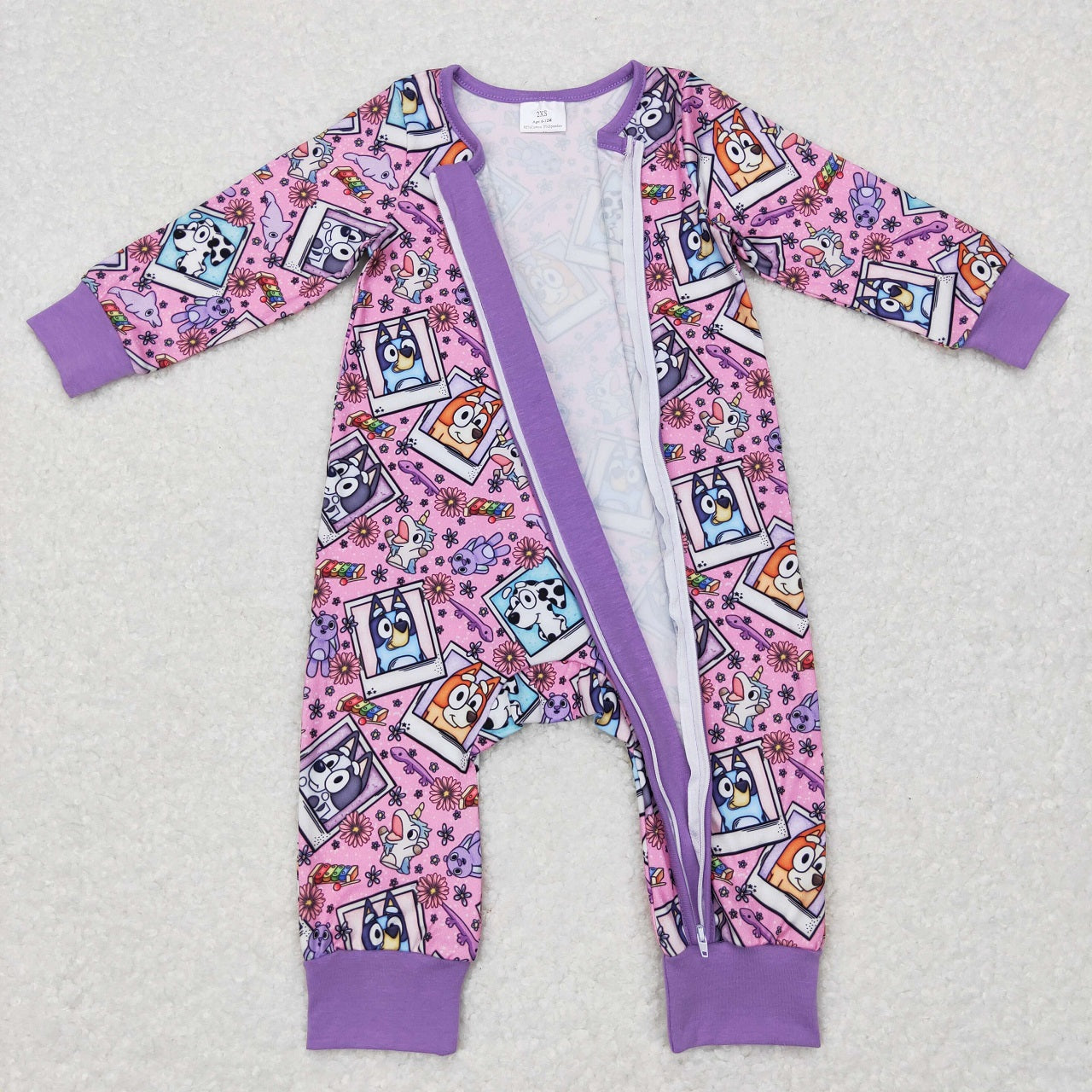 LR0331 Baby Girl Long Sleeves Zip Dogs Floral One Piece Romper