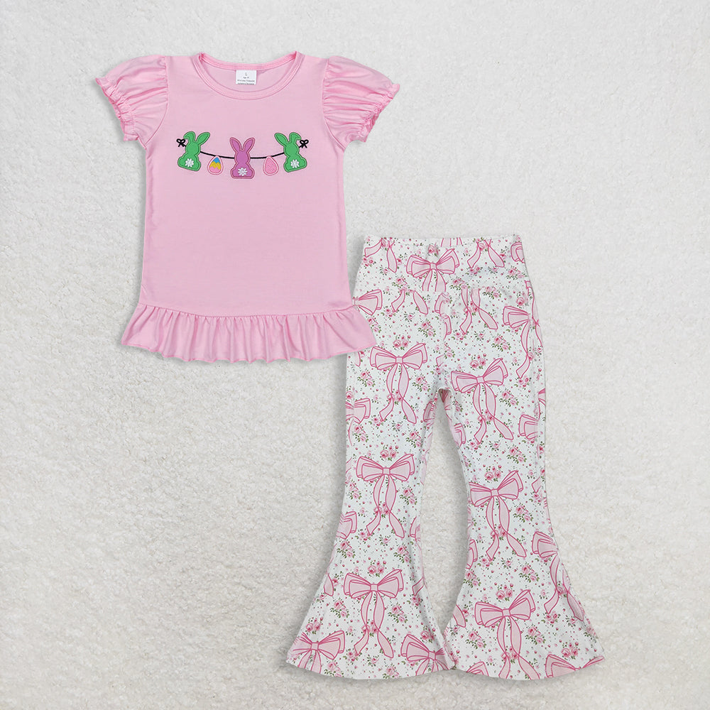 Baby Girls Kids Embroidery Rabbits Eggs Shirt Bows Flower Pants Set Easter Clothes RTS