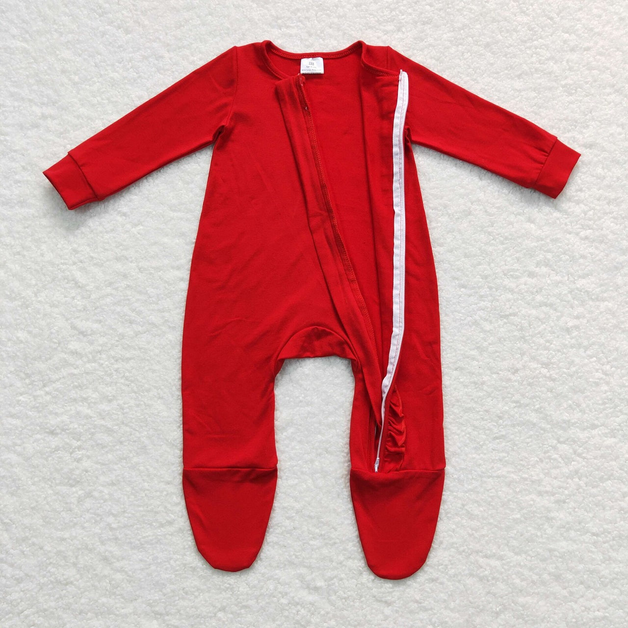 LR0550 Baby Girl Long Sleeves Christmas Red Cotton One Piece Zipper Footie Romper