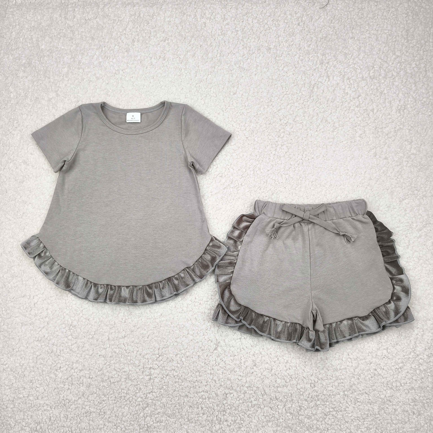 Baby Girl Short Sleeves Grey Cotton Shirt Ruffle Shorts Clothes Set RTS