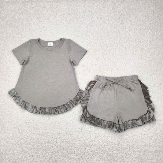 Baby Girl Short Sleeves Grey Cotton Shirt Ruffle Shorts Clothes Set RTS