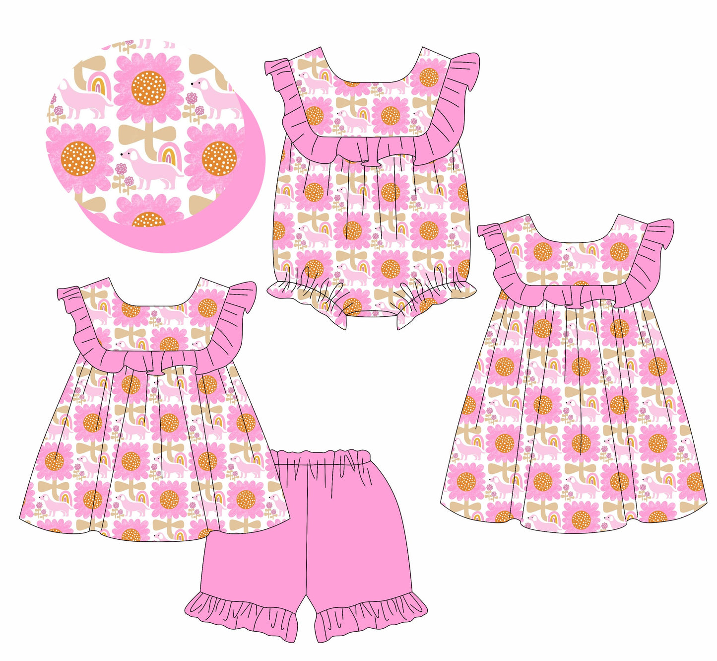 Baby Girl Flower Dogs Ruffle Sibling Romper Dress Set ( Moq 5 Each Style ) 2.28