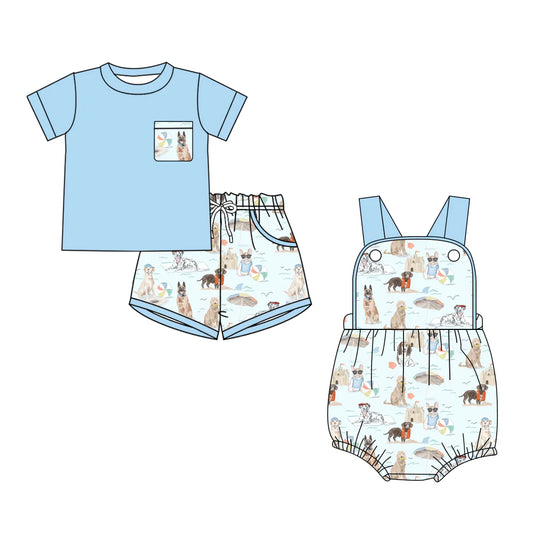 ( Moq 5 Each Style ) Sibling Baby Boy Toddler Dogs Shirt Pockets Shorts Blue Set Romper