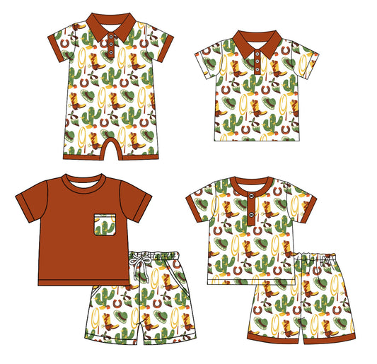 ( Moq 5 Each Style ) Baby Boy Short Sleeves Western Boots Cactus Sibling Shirt Set 4.17