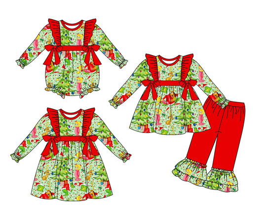 ( Moq 5 Each Style ) Baby Girl Toddler Green Face Christmas Sibling Romper Dress Set