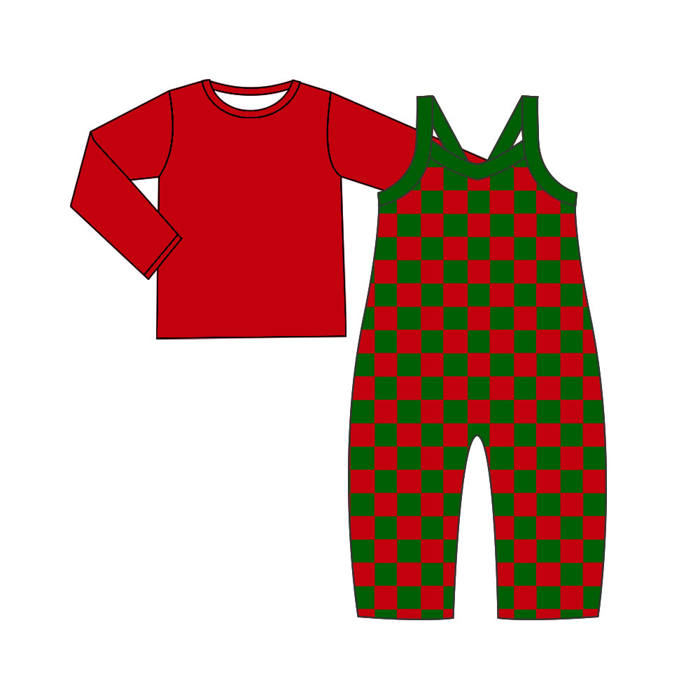 Baby Girl Toddler Long Sleeves Shirt Green Red Checkered Jumpsuit Set