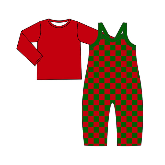 Baby Girl Toddler Long Sleeves Shirt Green Red Checkered Jumpsuit Set