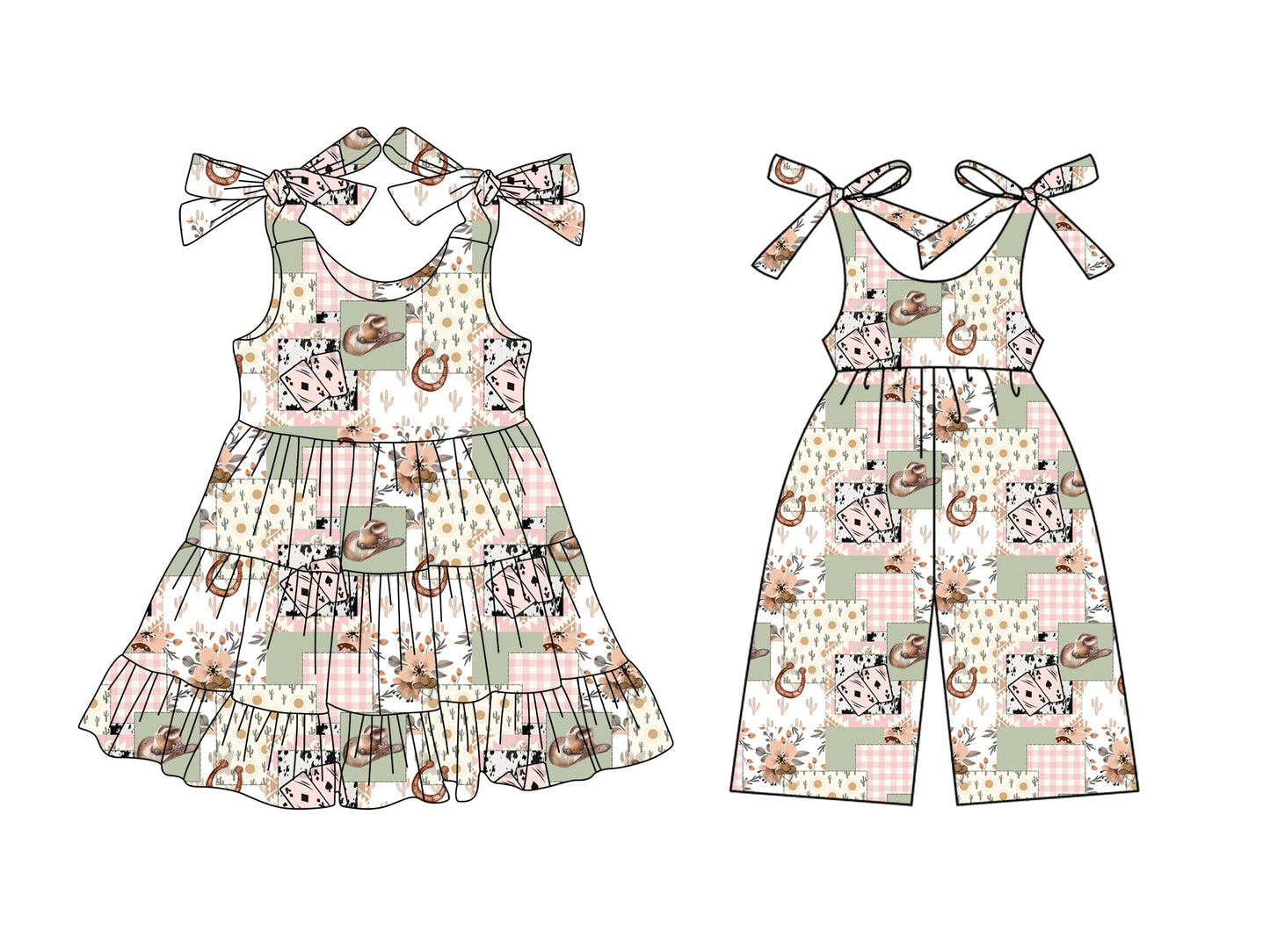 ( Moq 5 Each Style ) Baby Girl Sleeveless Western Flower Bows Sibling Jumpsuit Dress 3.25