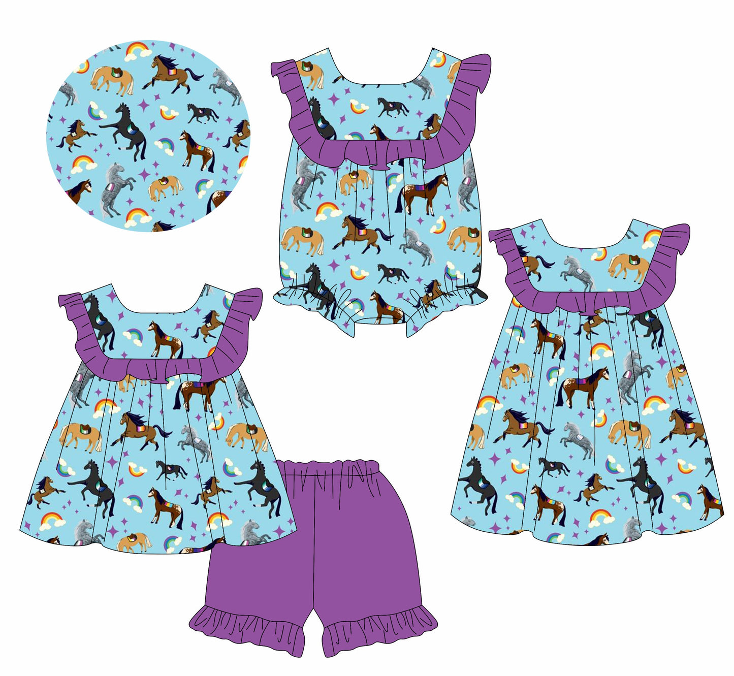 Baby Girl Rainbow Horse Ruffle Sibling Romper Dress Set ( Moq 5 Each Style ) 3.1