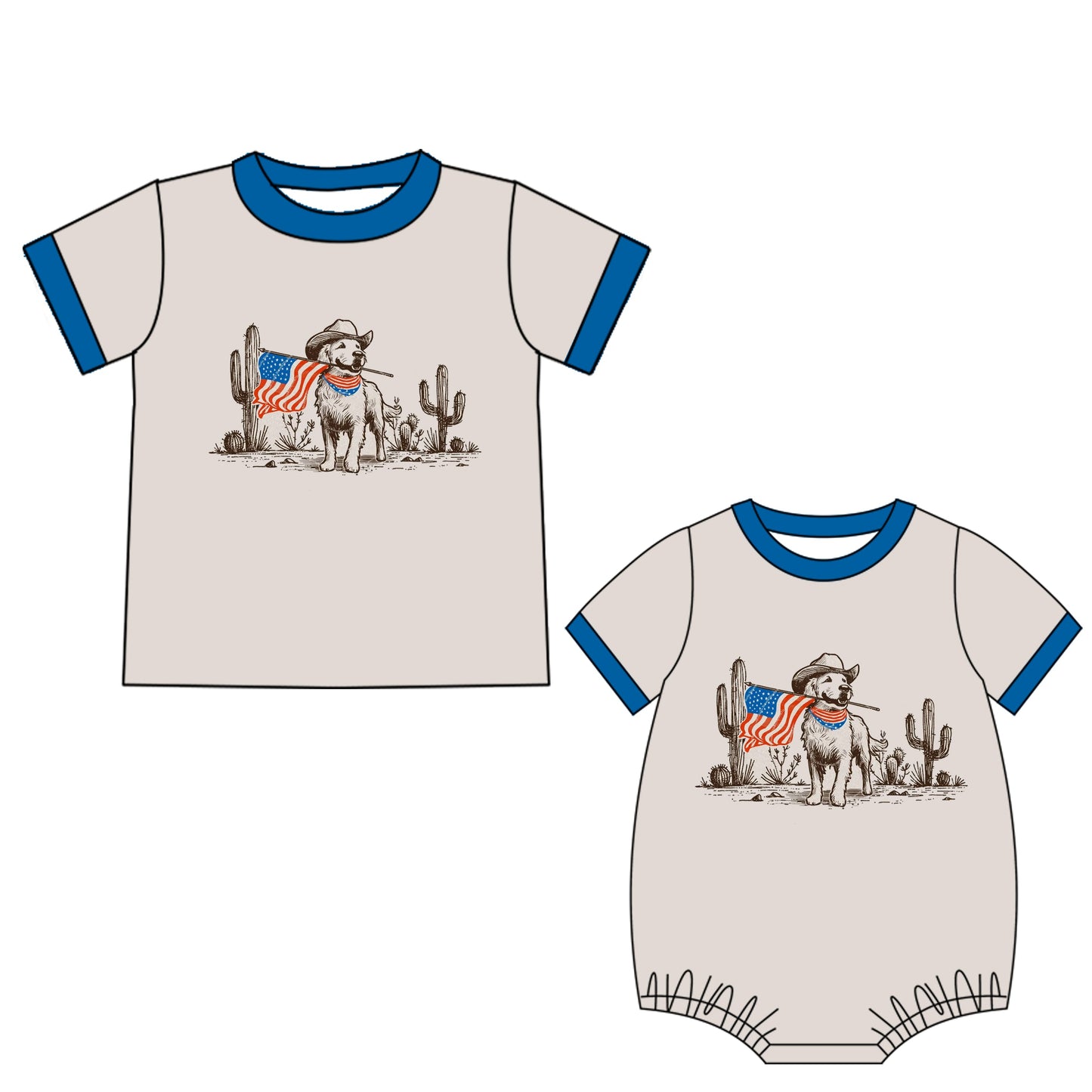 ( Moq 5 Each Style ) Baby Boy Short Sleeves Dog Flag Sibling 4th Of July Romper Shirt 4.21