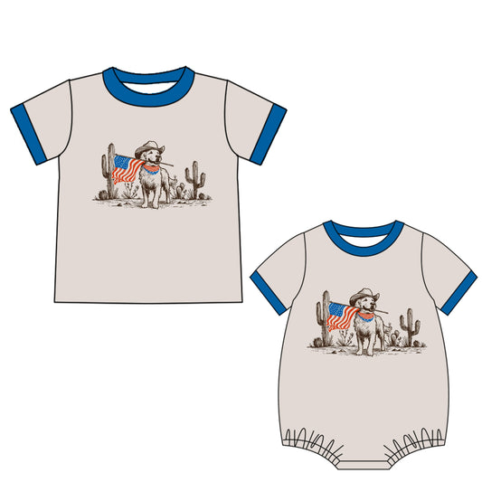 ( Moq 5 Each Style ) Baby Boy Short Sleeves Dog Flag Sibling 4th Of July Romper Shirt 4.21