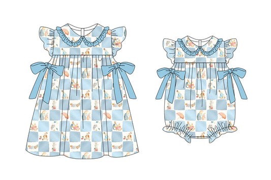 ( Moq 5 Each Style ) Baby Girls Rabbits Blue Bows Checked Sibling Easter Romper Dress