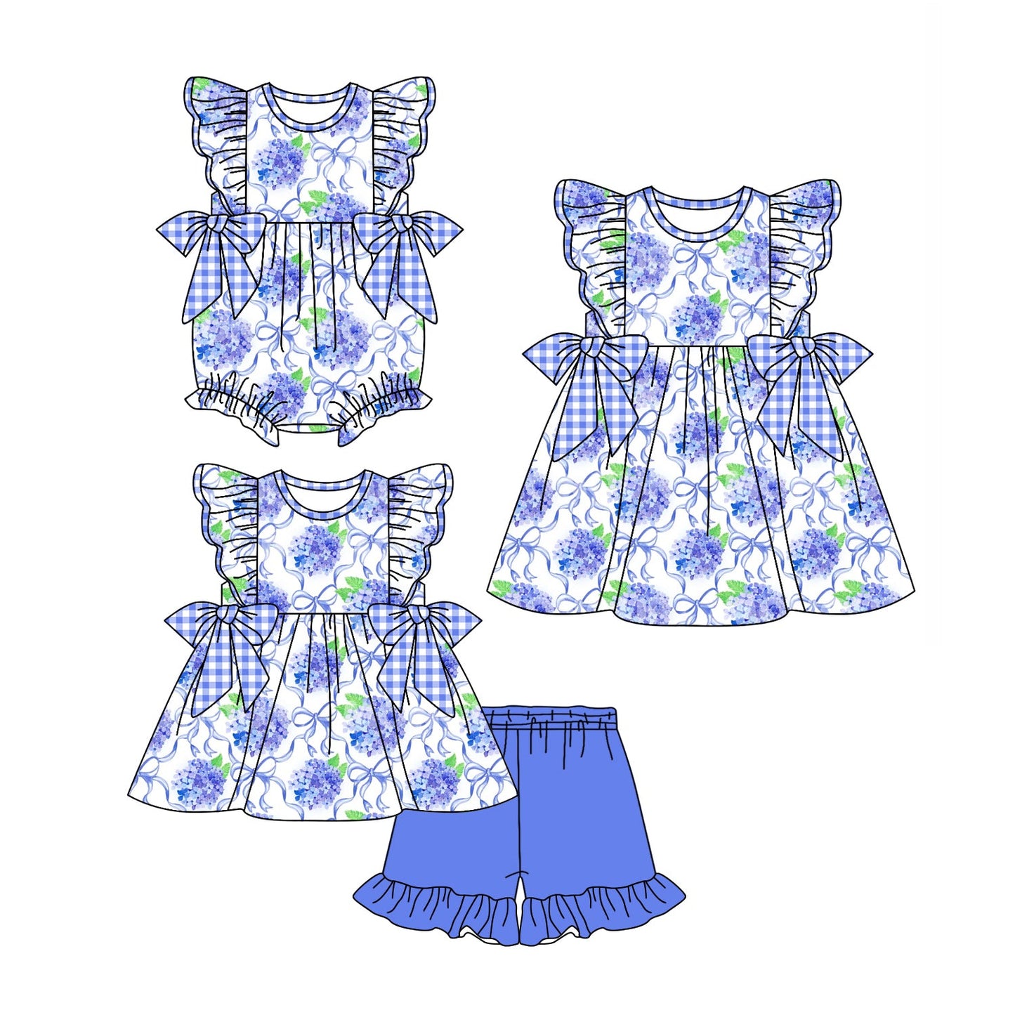 Baby Girl Short Sleeves Blue Flower Bows Sibling Romper Dress Set ( Moq 5 Each Style ) 4.1
