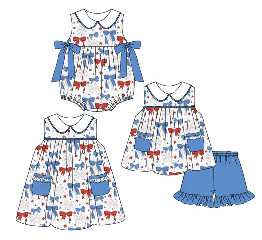 Baby Girl July 4th Bows Stars Sibling Romper Dress Set ( Moq 5 Each Style ) 2.26