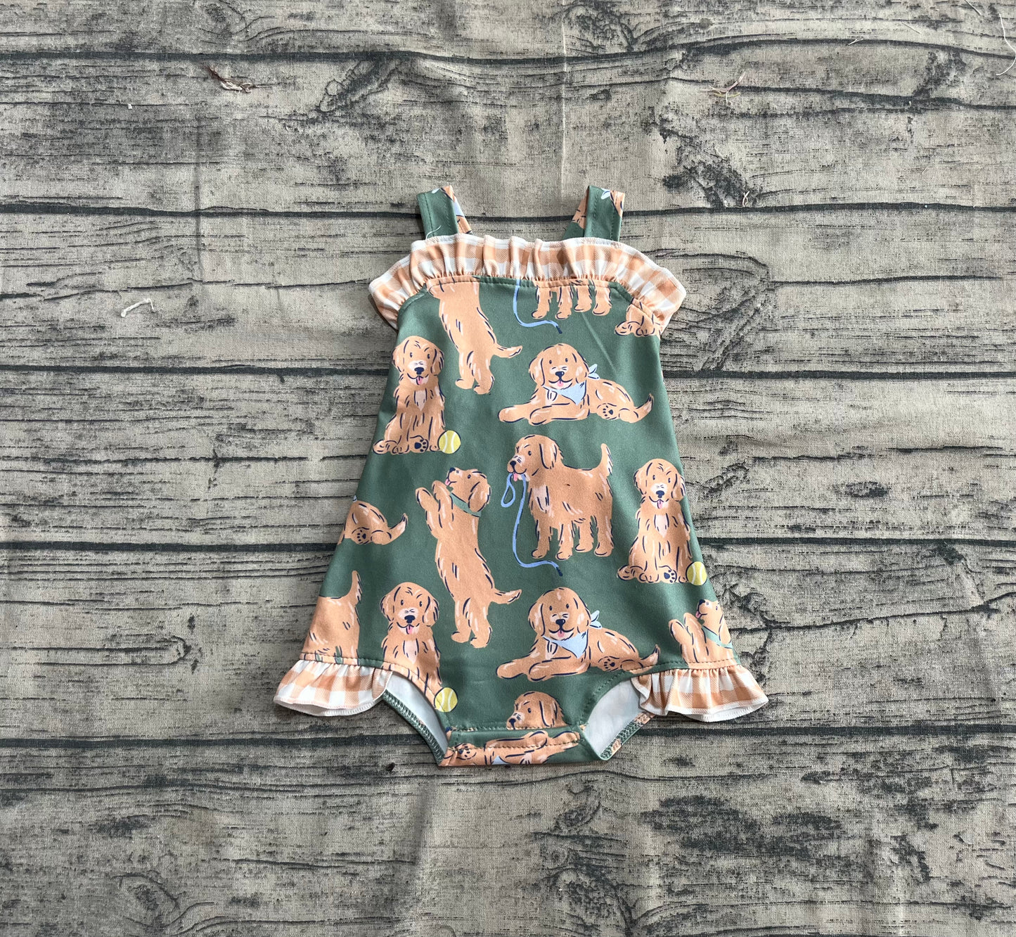 Baby Girl Infant Straps Dogs Bow Bubble Romper RTS