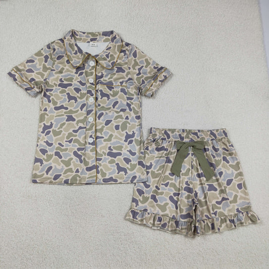 Adult Women Short Sleeves Dogs Camo Buttons Shirt Bows Shorts Pajamas Clothes Set RTS