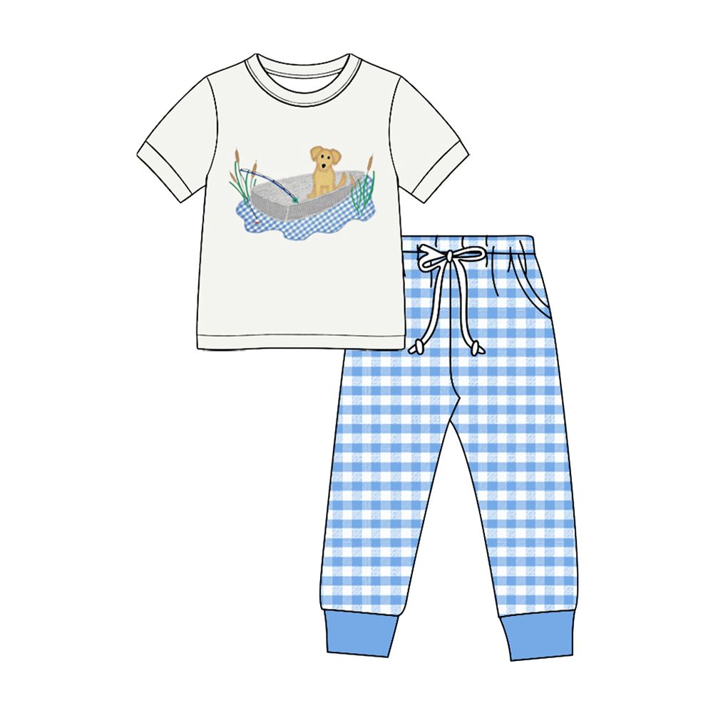 ( Moq 5 ) Preorder Baby Boys Kids Dog Fishing Shirt Blue Plaid Pockets Pants Set Clothes