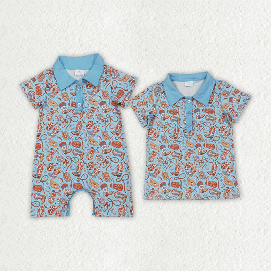 Baby Boy Short Sleeves Western Boots Hats Blue Buttons Sibling Romper Shirt Clothes RTS