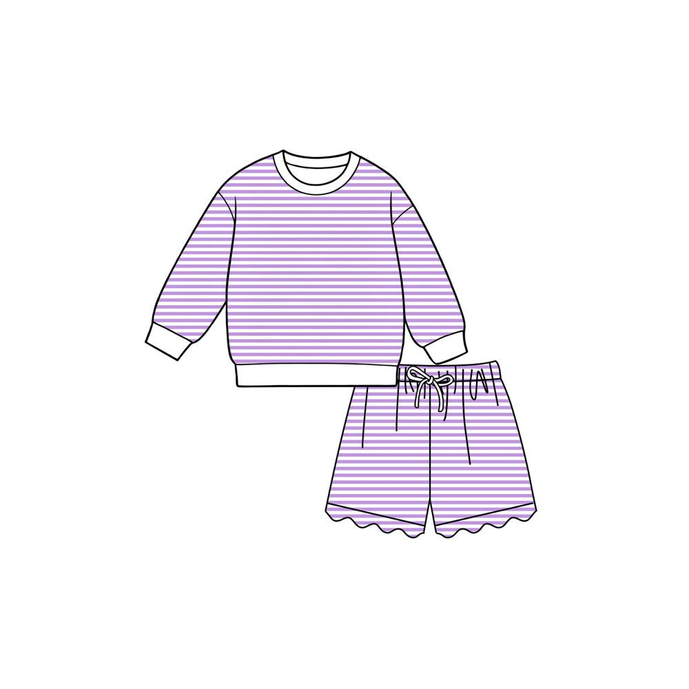 ( Moq 5 ) Preorder Baby Girls Kids Long Sleeves Purple Stripes Shirt Scallop Shorts Set Yoga Active Clothes
