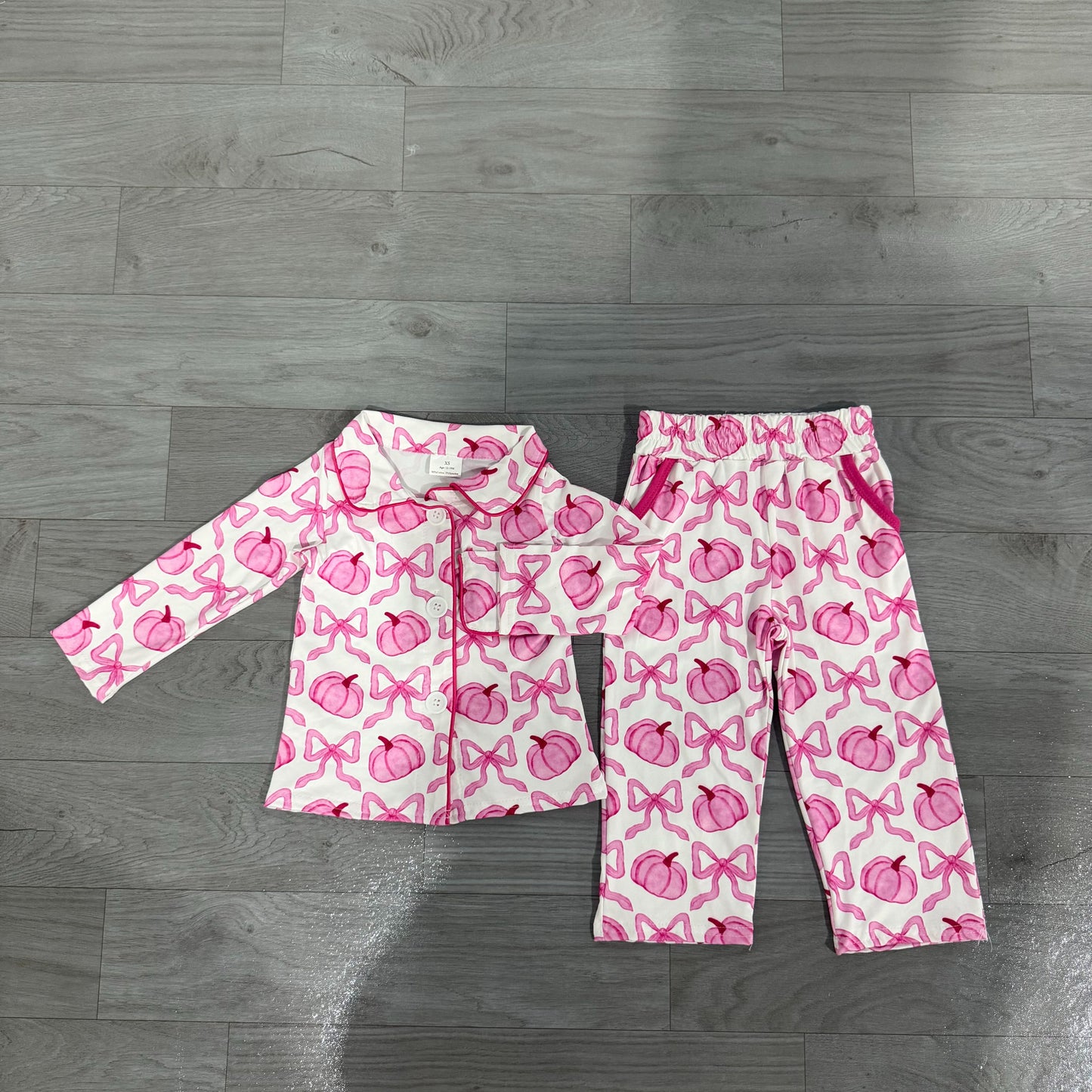 ( No moq ) Preorder Adult Women Pumpkins Pink Bows Buttons Shirt Pockets Pants Pajamas Set Fall Clothes