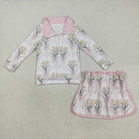 Baby Girl Long Sleeves Flower Pink Bows Zipper Shirt Skort Pink Set RTS